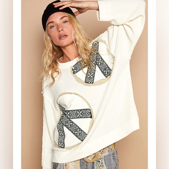 423 POL Black Peace Patch Vintage Washed Thermal Top Relaxed Fit - Picture 3 of 6